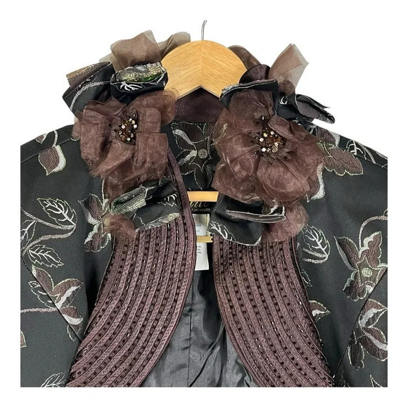 Vintage Elite Champagne Brown Floral‎ Embroidered Embellish Blazer Women Size 12 - Picture 3 of 16
